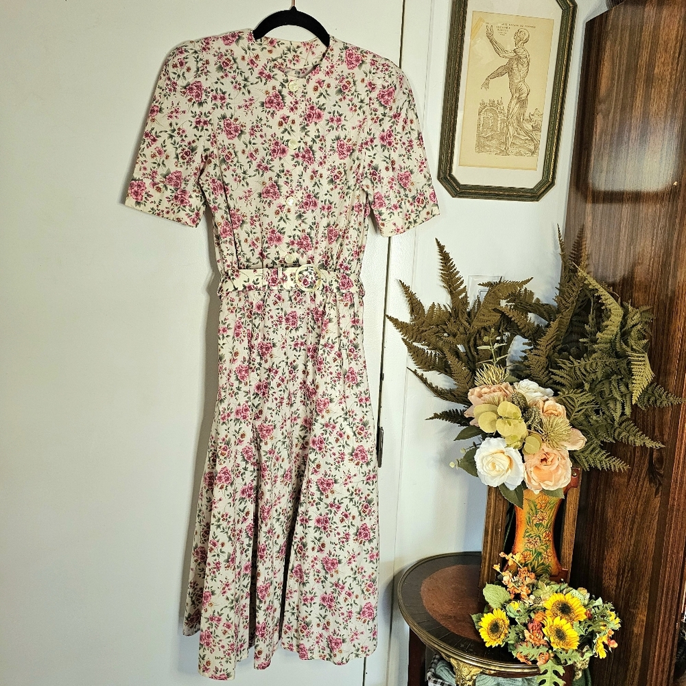 80s Floral Pink Green Cotton Midi Tea Dress With Matching Belt Handmade Vintage - Picture 2 of 10